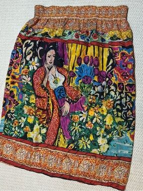 Vintage Jerri Sherman 100% Silk Colorful Woman and Floral Print MIDI Skirt
